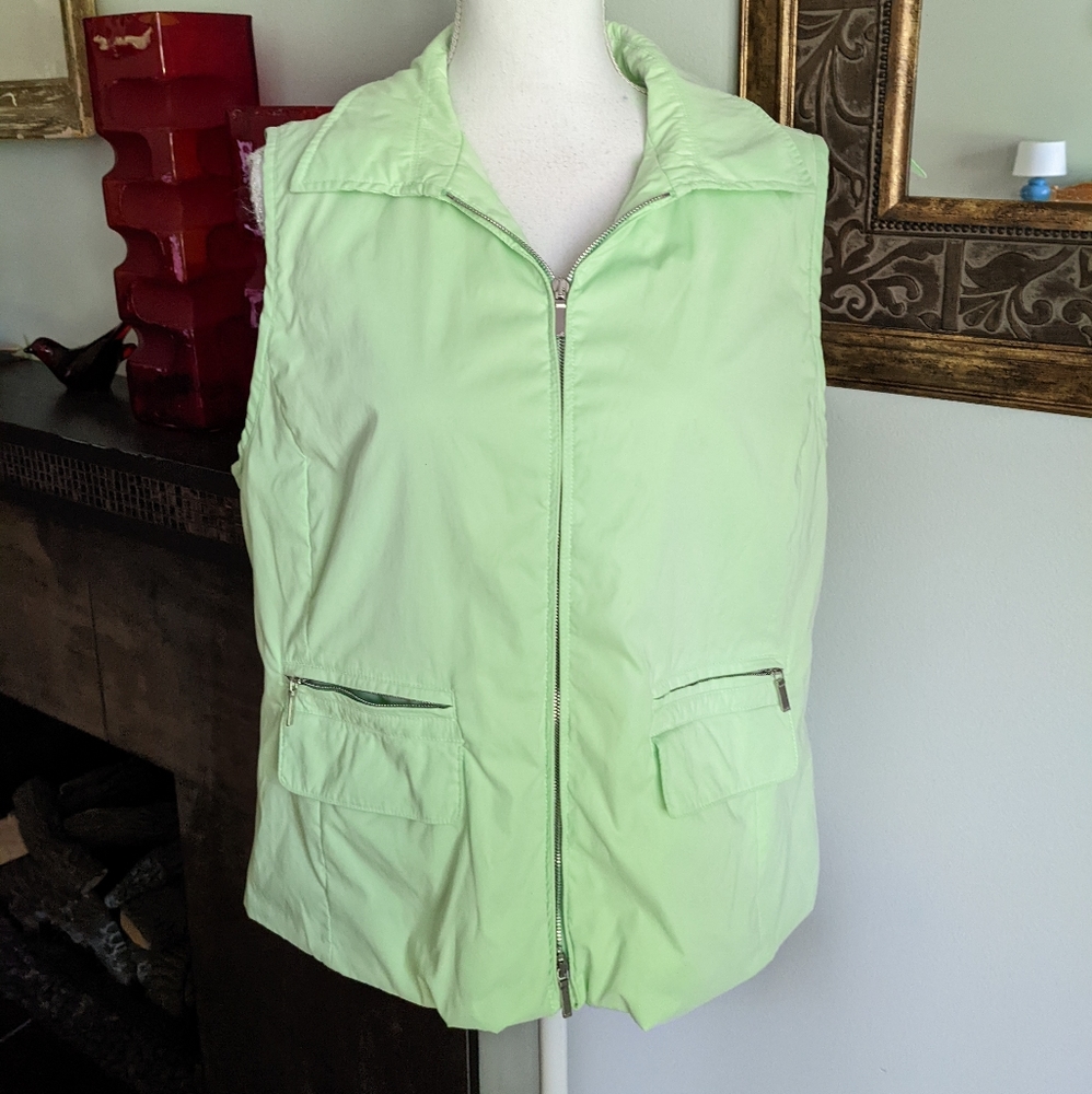 Faconnable Women's XL Light Green Water Resistant Full Zip Vest Pockets NO Hood